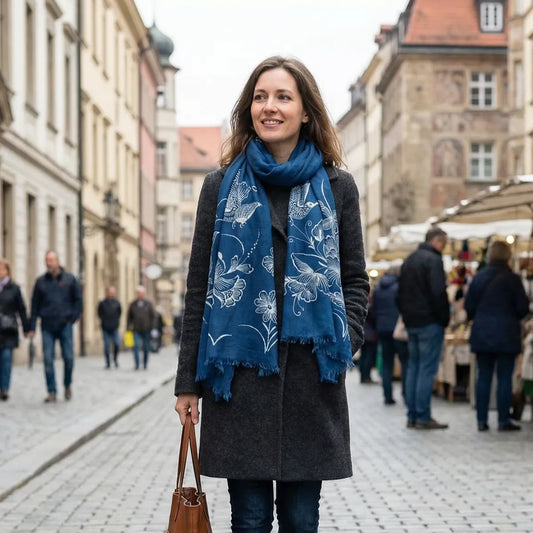Woman wearing a Miao batik floral scarf in an urban setting