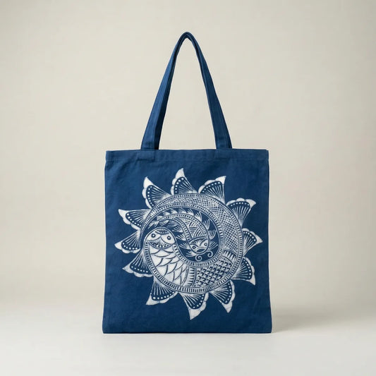 Miao batik tote bag with white Koi-Circle design on a beige background