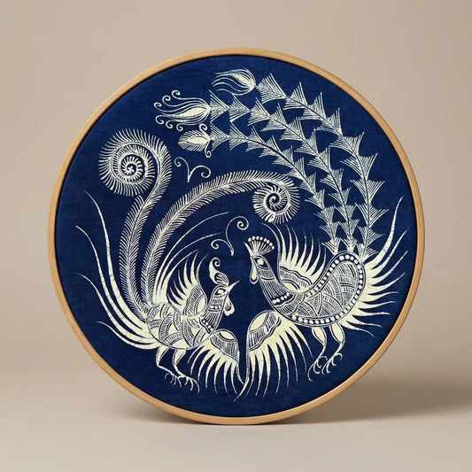 Miao batik Wall art with white peacock design on a blue background