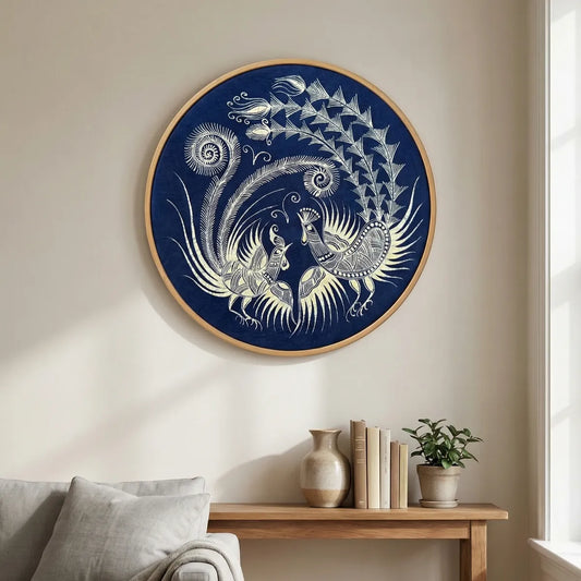 Decorative Miao batik wall art with peacock design on a blue background in a living room setting.