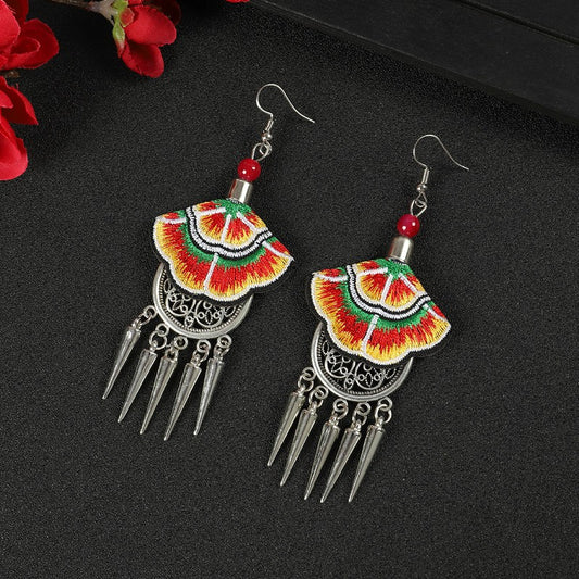Miao Silver Tassel Earrings With Gold & Red Earrings - Handmade