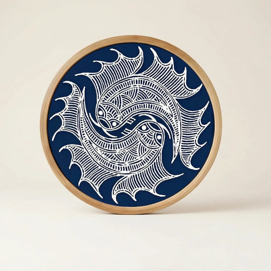 Miao batik wall art with white abstract design on a blue background, framed in wood.