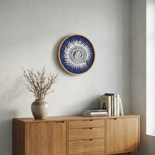 Wooden sideboard with Miao batik wall art against a plain wall
