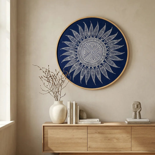 Decorative Miao batik wall art with a sun design on a blue background in a room with a wooden cabinet.