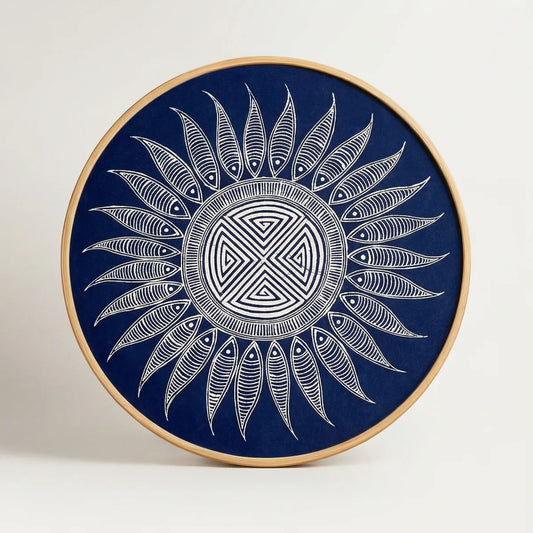 Decorative Miao batik Wall art with a sunflower design on a blue background