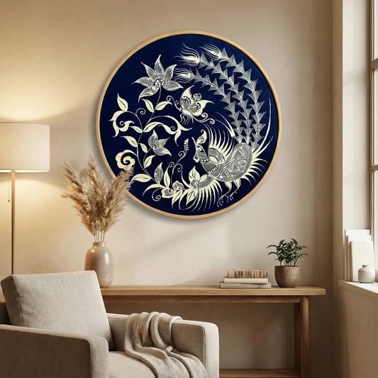 Decorative Miao batik wall art with floral and bird design in a living room setting.