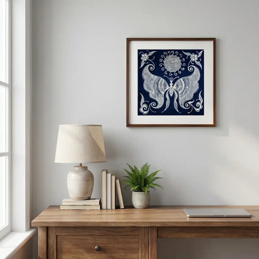 Framed Miao batik artwork above a wooden desk with a lamp, books, and plant.