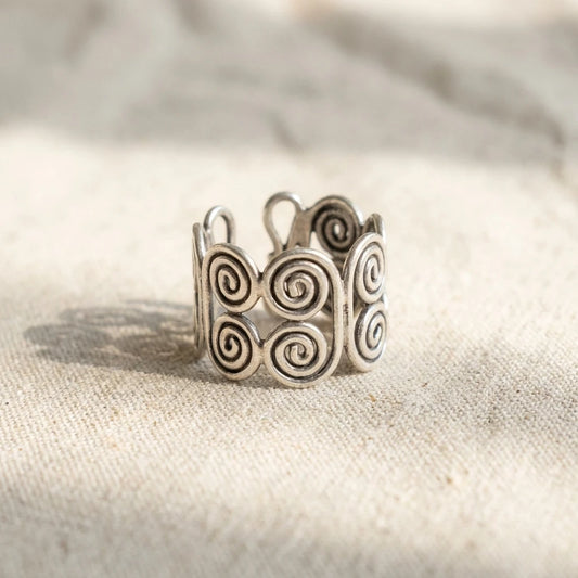 Miao Silver Double Spiral Adjustable Ring on a light background