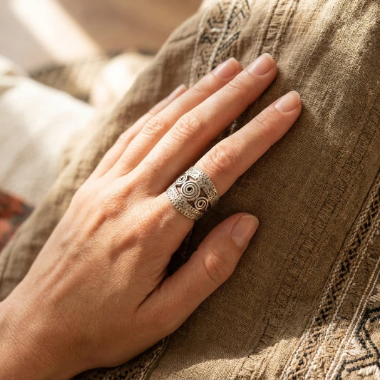 Miao Silver Engraved Spiral Band Ring worn for scale