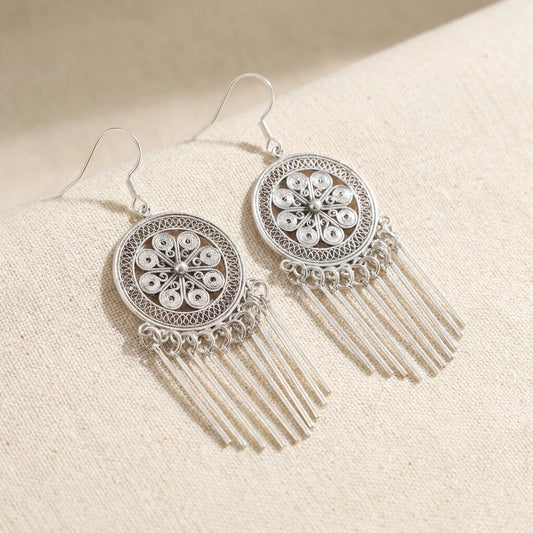 Miao Silver Filigree Tassel Earrings on a light background