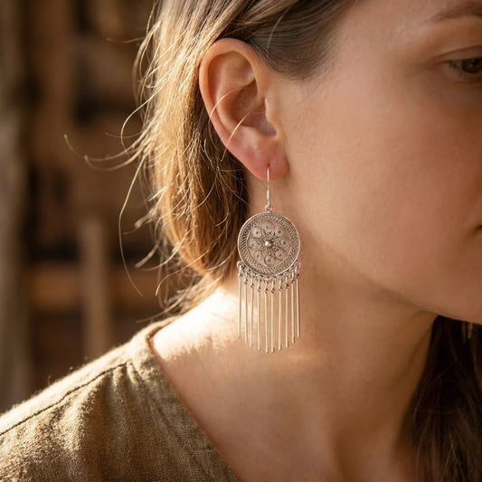 Miao Silver Filigree Tassel Earrings worn for scale