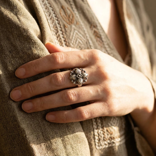 Miao Silver Floral Adjustable Ring worn for scale