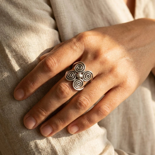 Miao Silver Four-Spiral Adjustable Ring worn for scale