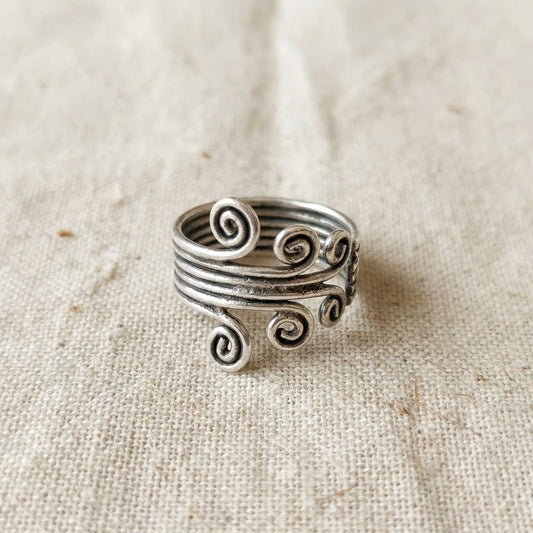 Miao Silver Tall Spiral Adjustable Ring on a light background