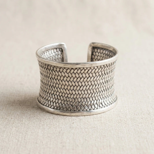 Miao Silver Woven Open Cuff Bracelet – 4 cm on a light background