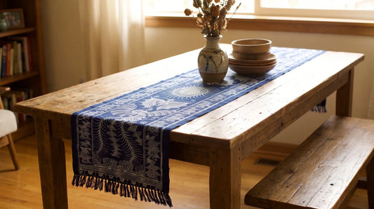 Indigo Miao batik table runner arranged across a rustic wooden dining table