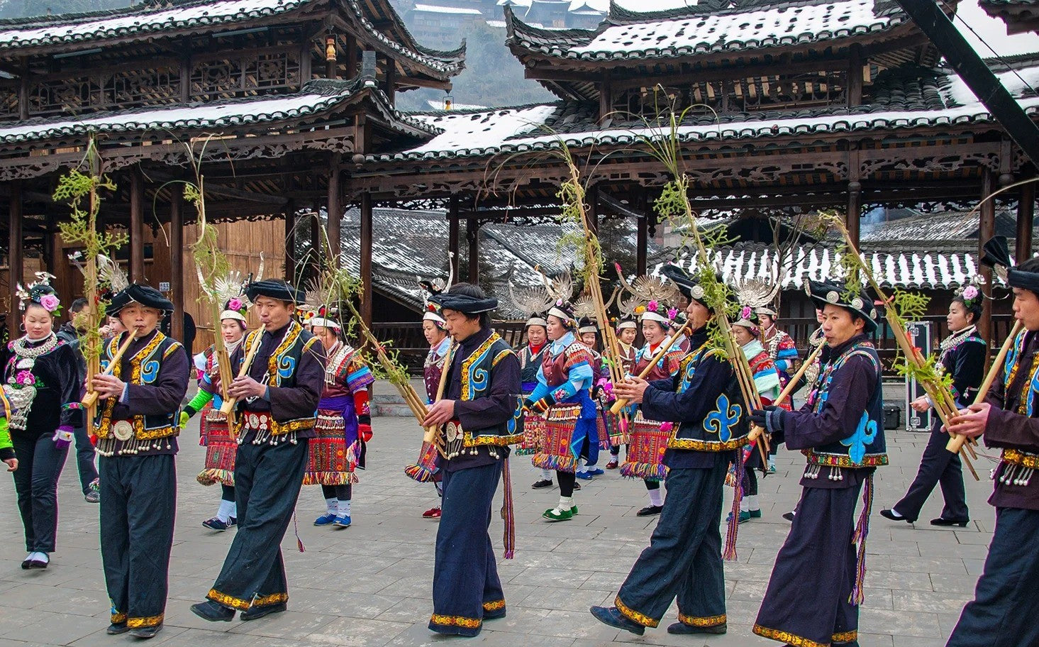 Miao lusheng dance performance during a cultural festival in Guizhou