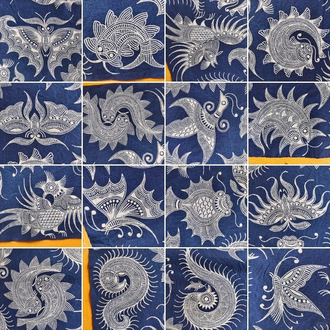 Miao batik textile showing indigo wax-resist craft and symbolic patterns