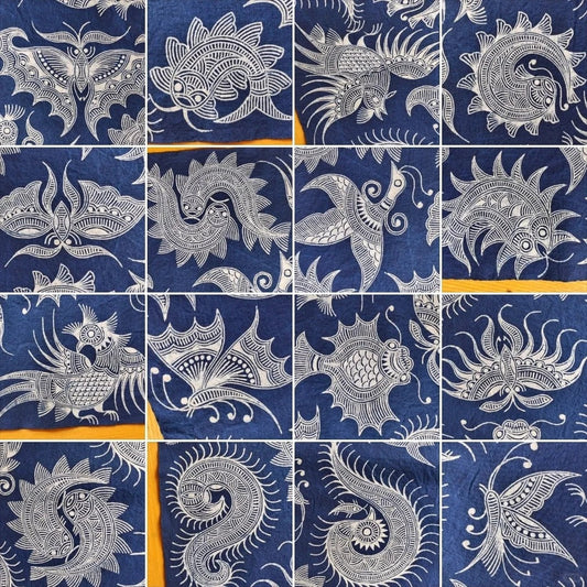Miao batik textile showing indigo wax-resist craft and symbolic patterns