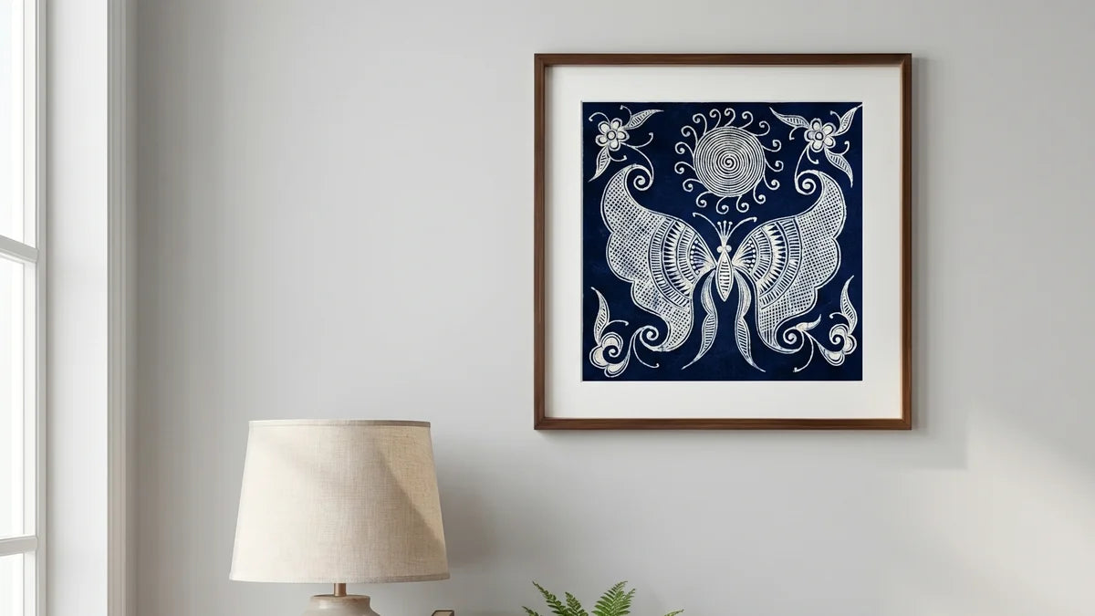 Handmade indigo batik butterfly mother textile art displayed in contemporary room 16:9 banner