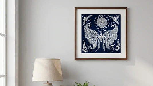 Handmade indigo batik butterfly mother textile art displayed in contemporary room 16:9 banner