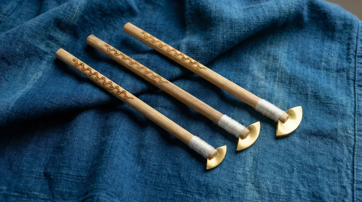 Three wooden miao batik tools with metal tips on a blue fabric background