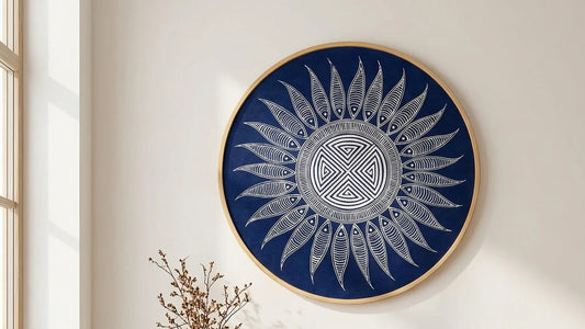 Handcrafted circular indigo batik textile wall art in solid natural wood frame 16:9 banner