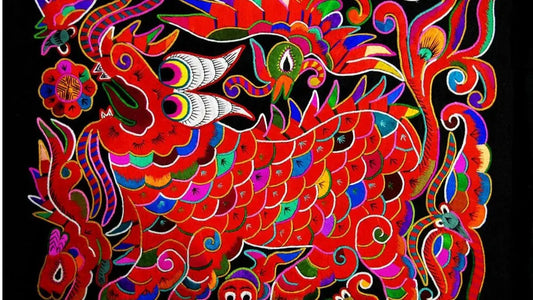 Intricate hand-stitched Miao silk embroidery textile pattern 16:9 banner