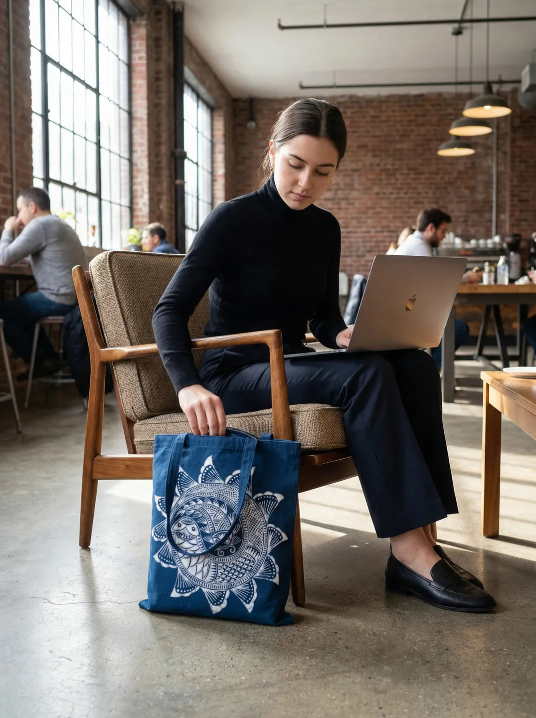 Woman using a laptop in a modern cafe with a Miao Batik bag on the floor.