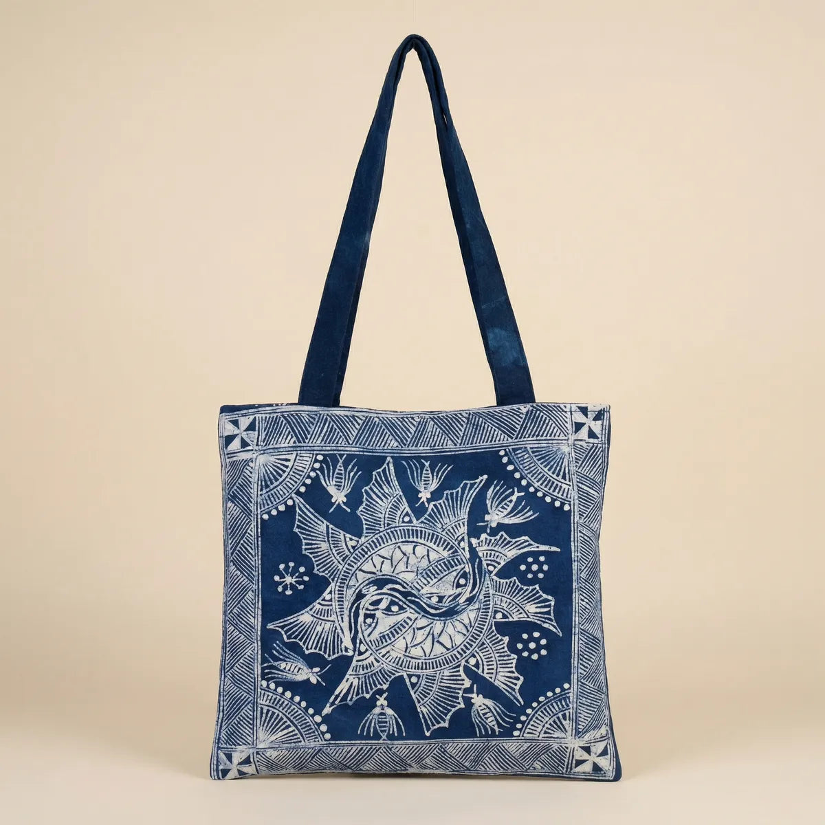 Miao batik Tote bag with blue and white pattern on a beige background
