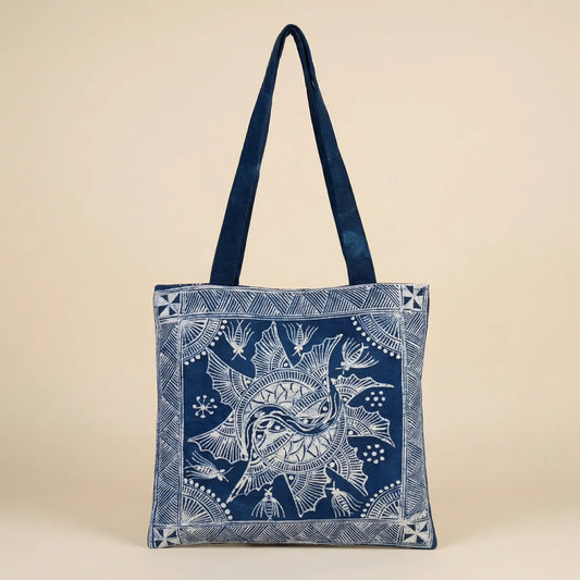 Miao batik Tote bag with blue and white pattern on a beige background