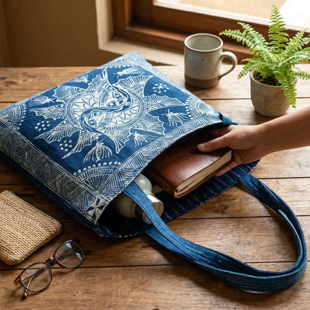 Miao batik bag on a wooden table with a hand reaching in, a mug, and plant in the background.