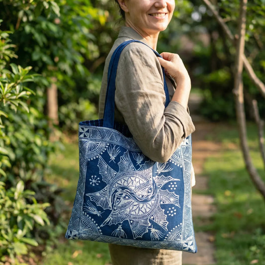 Person holding a Miao batik tote bag with white patterns in a garden setting