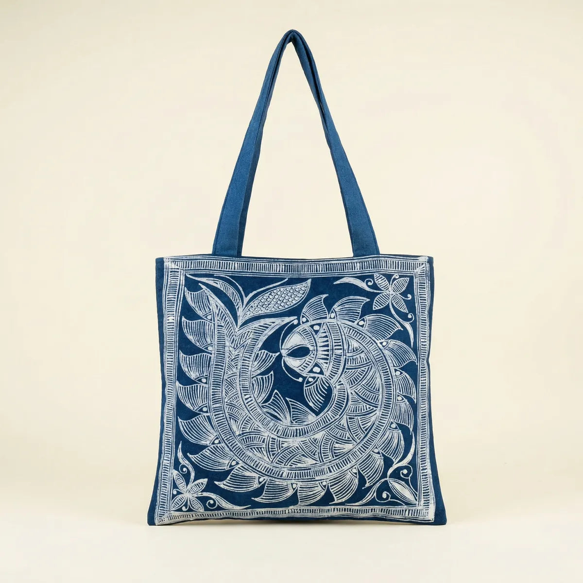 Miao batik Tote bag with blue and white pattern on a beige background