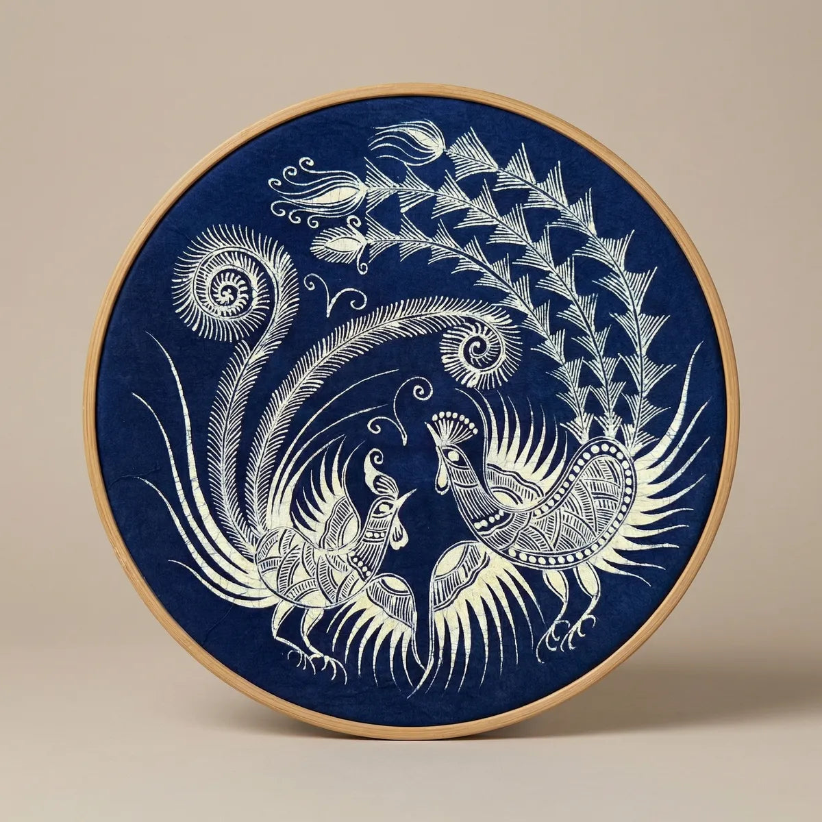Miao batik Wall art with white peacock design on a blue background