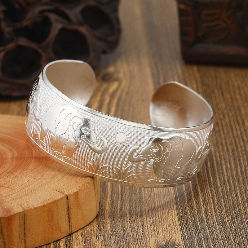 Miao Silver Bracelet With Elephant & Sun Bracelet - Handmade