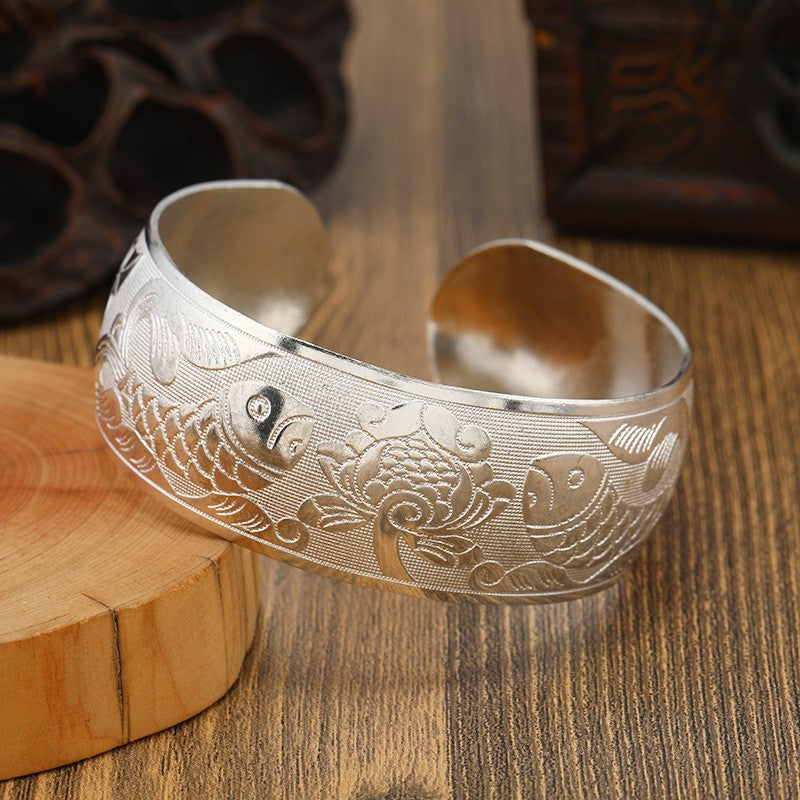 Miao Silver Bracelet With Two Fish Bracelet - Handmade