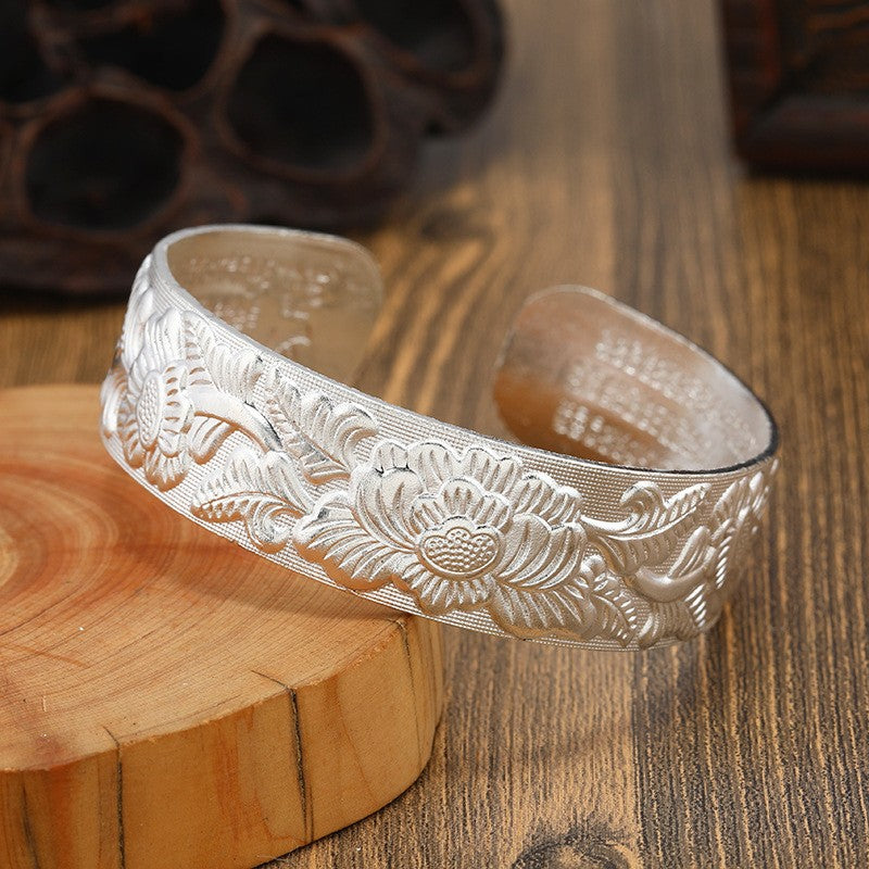 Miao Silver Bracelet With Peony 2cm Bracelet - Handmade