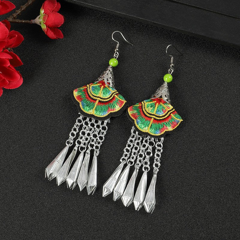 Miao Silver Embroidery Earrings With Green & Red Earrings - Handmade