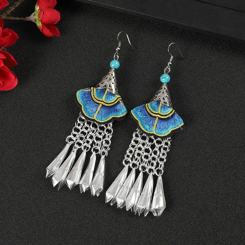 Miao Silver Embroidery Earrings With Sky blue Earrings - Handmade