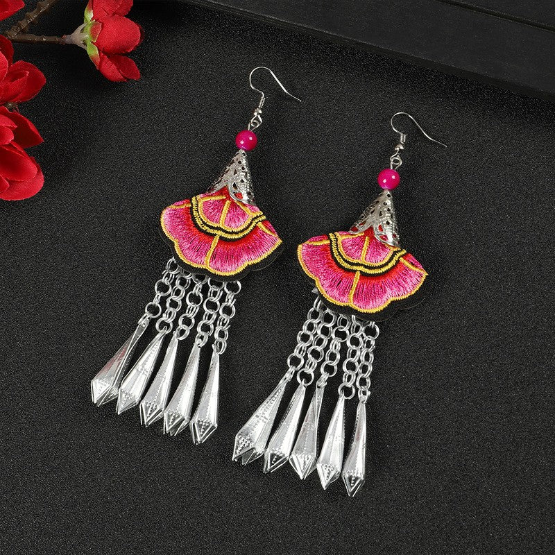 Miao Silver Embroidery Earrings With Pink & Red Earrings - Handmade