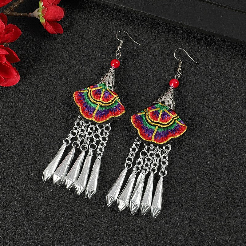 Miao Silver Embroidery Earrings With Gold & Red Earrings - Handmade