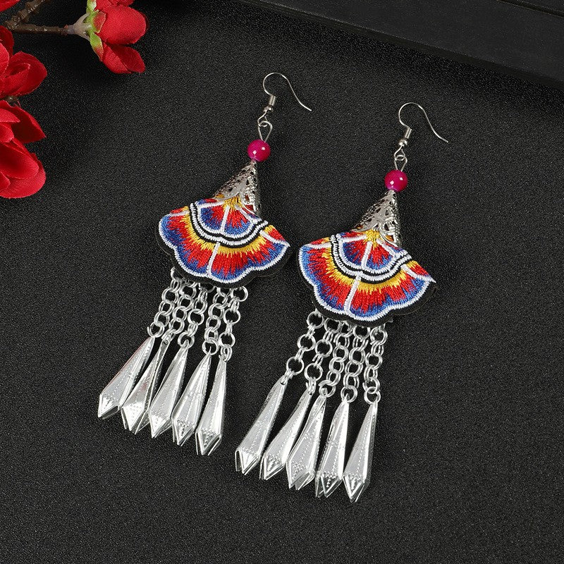 Miao Silver Embroidery Earrings With Blue & Red Earrings - Handmade