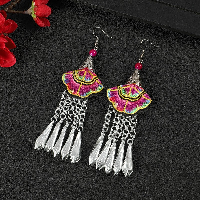 Miao Silver Embroidery Earrings With Colorful Earrings - Handmade