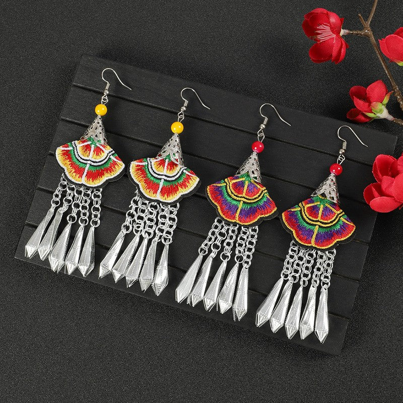 Miao Silver Embroidery Earrings With Earrings - Handmade
