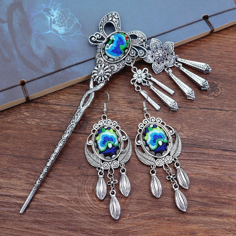 Miao Silver Embroidery Hair Stick With Butterfly Set with Earrings Hair Clips - Handmade