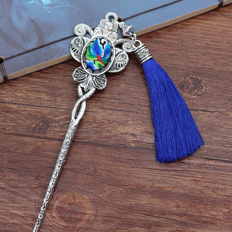 Miao Silver Embroidery Hair Stick With Butterfly & Blue Tassel Hair Stick Only Hair Clips - Handmade