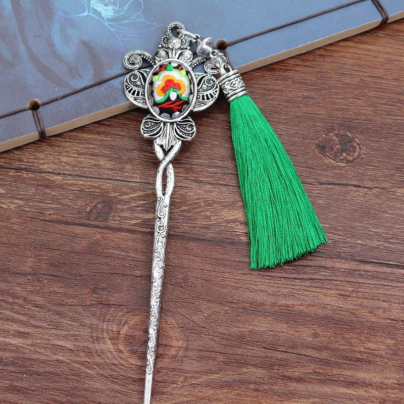 Miao Silver Embroidery Hair Stick With Butterfly & Green Tassel Hair Stick Only Hair Clips - Handmade