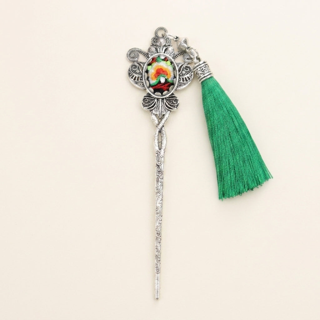 Miao silver embroidery hair stick with a green tassel