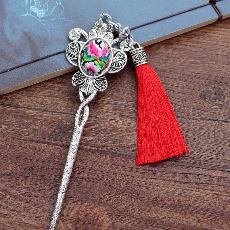 Miao Silver Embroidery Hair Stick With Butterfly & Red Tassel Hair Stick Only Hair Clips - Handmade